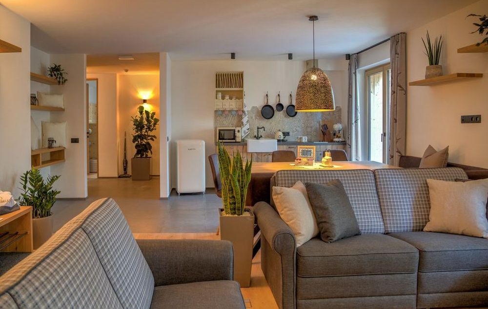 Gemütliches Wohnzimmer mit grauen Sofas, Pflanzen und angrenzender heller Küche.